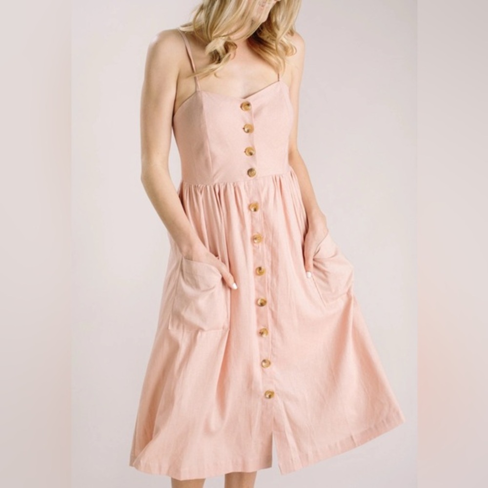 BeBop Spaghetti Strap Linen Wood Button Midi Dress with Pockets M